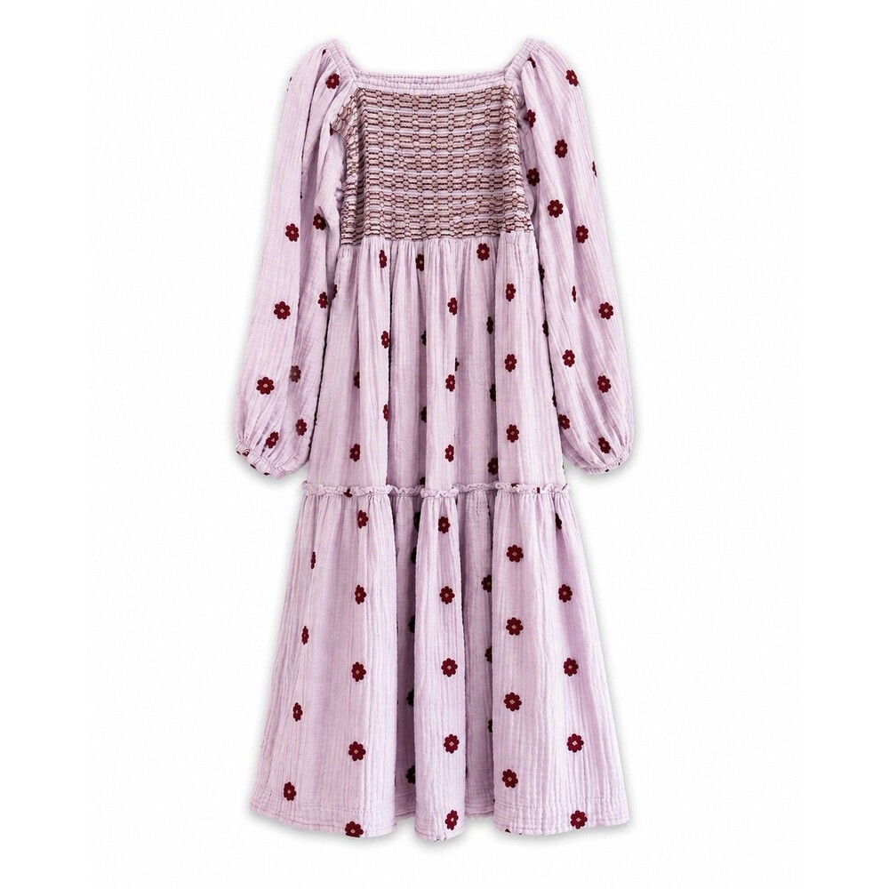 Free People Floral Embroidered Smocked Maxi Dress Pink Burgundy Boho Size S